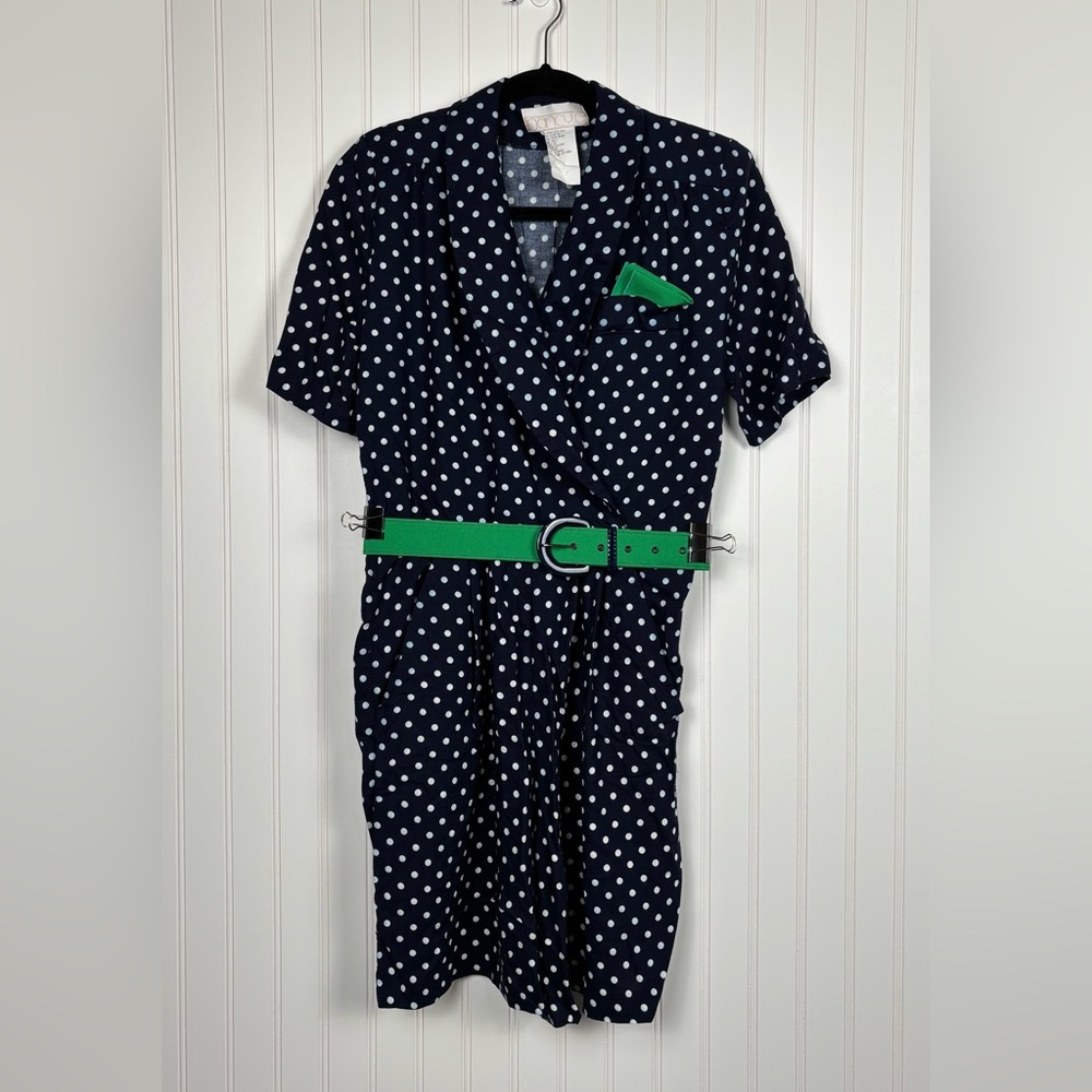 VTG 80s NancyG Navy White Polka Dot W/ Green Belt & Handkerchief Romper Size 12P